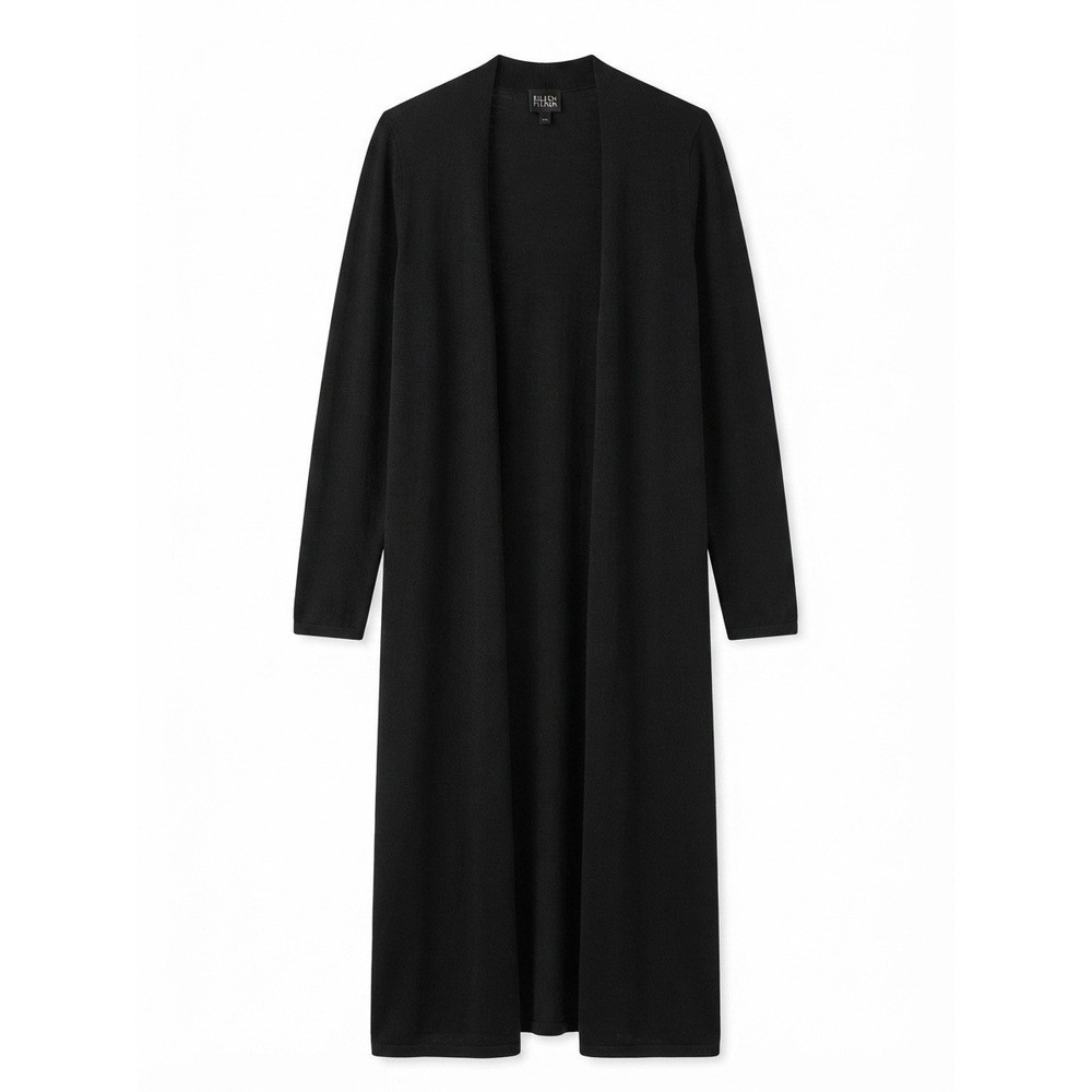 Eileen Fisher Long Black Wool Cardigan Italian L Designer Luxury Old Money